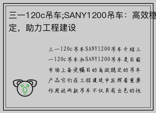 三一120c吊车;SANY1200吊车：高效稳定，助力工程建设