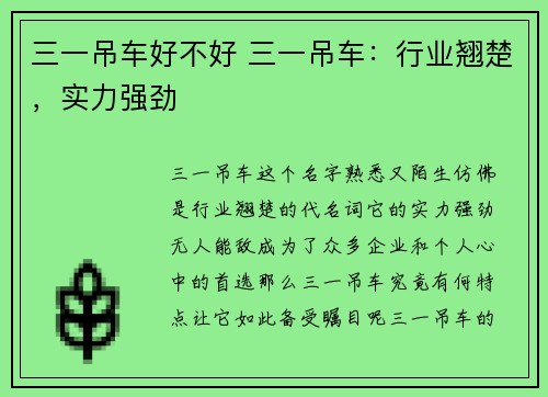 三一吊车好不好 三一吊车：行业翘楚，实力强劲