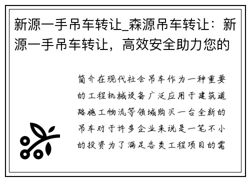 新源一手吊车转让_森源吊车转让：新源一手吊车转让，高效安全助力您的工程