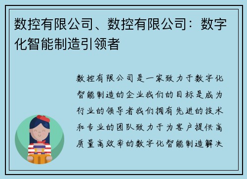 数控有限公司、数控有限公司：数字化智能制造引领者